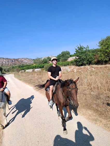 A person riding a horse on a paved road with a clear sky and rocky hills in the background. 4