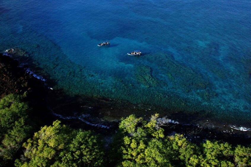 An aerial view of a coastal area with two boats on the water and dense green forest along the shoreline. 2