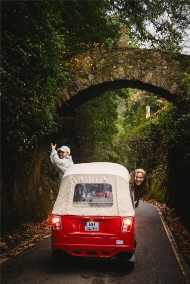 A red car with a white canopy driving under a stone bridge surrounded by greenery. 4