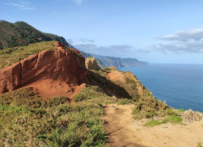 A coastal landscape with a dirt path, red cliffs, and the ocean. 5