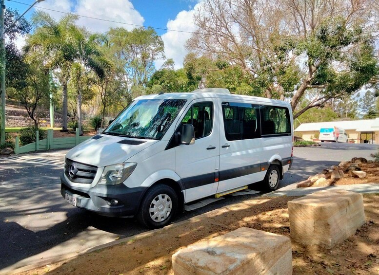 A white van parked on a dirt road with trees and a building in the background. 5