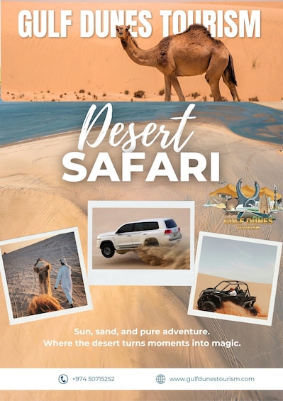 A camel on a beach, a white SUV, and a desert safari scene. 1