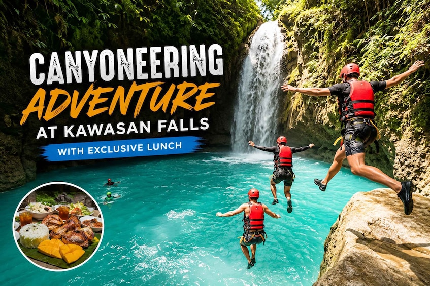 A canyoning adventure at Kawasan Falls with participants jumping into a turquoise pool. 1