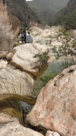 A group of hikers navigating a rocky terrain with a small stream. 2