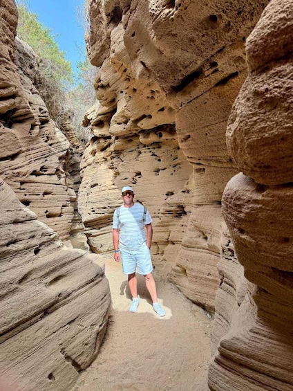 Een persoon staat in een rotsachtige canyon met gelaagde gesteentes. 4