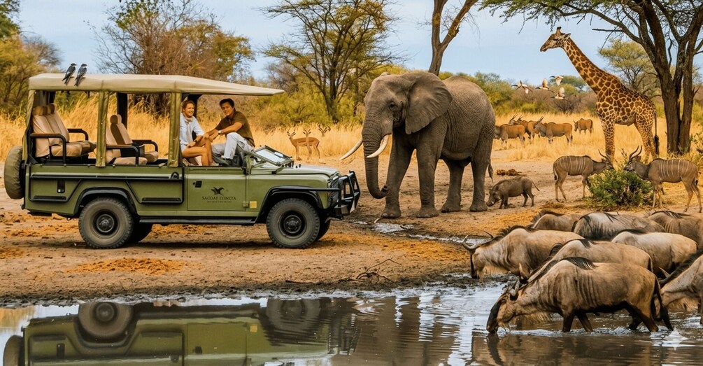 A safari vehicle with people, an elephant, giraffe, and wildebeest by a watering hole. 1