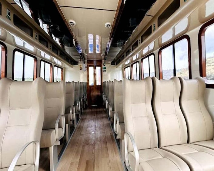 A train interior with beige leather seats, wooden flooring, and large windows. 5