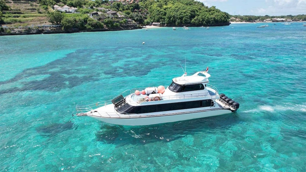 A white yacht on clear turquoise waters with a backdrop of a lush green island and a beach. 4