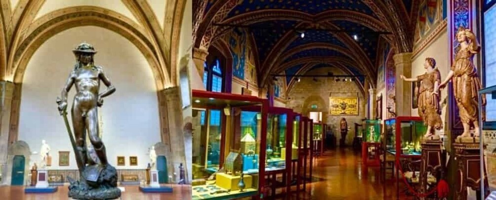 A museum interior with arched ceilings, statues, and glass display cases. 5