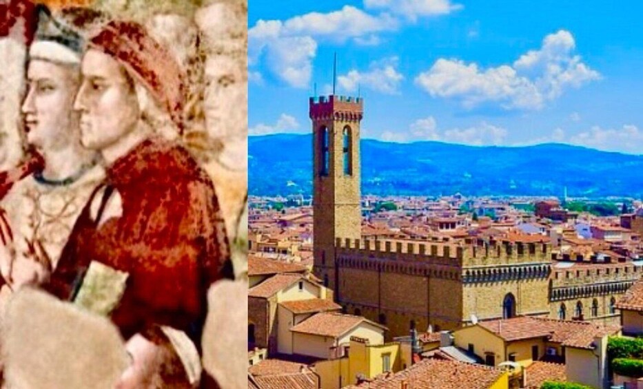 A historic tower and a cityscape with terracotta rooftops. 4