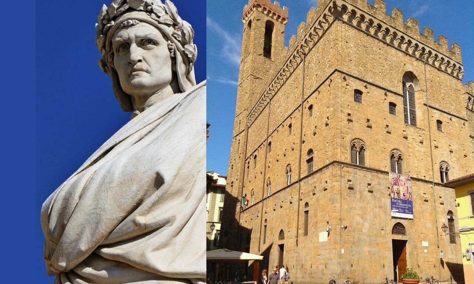 A statue and a historic building with a tower. 1
