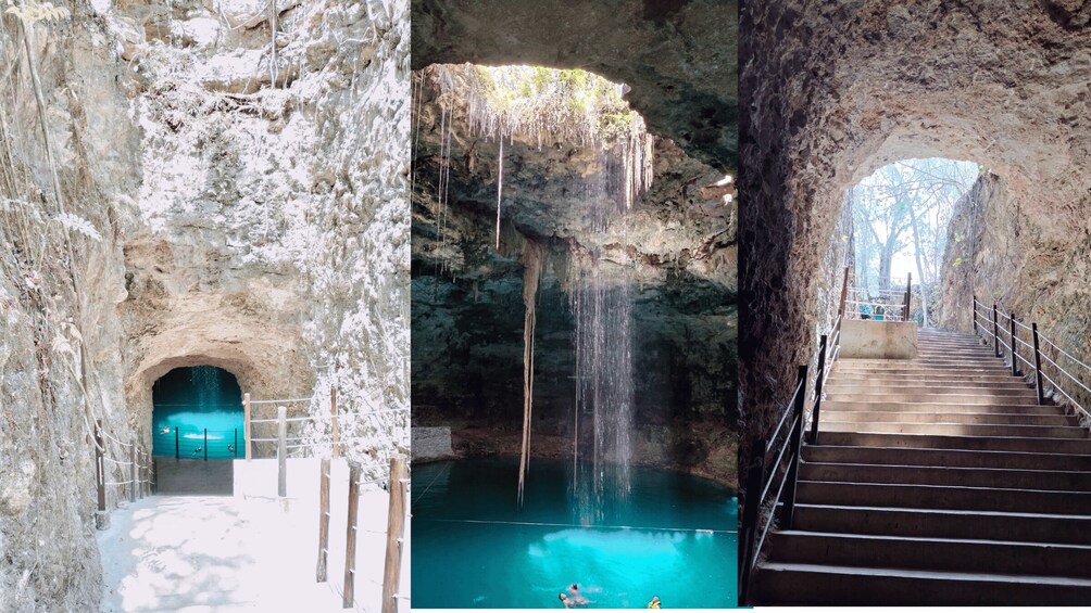 A cave entrance, a waterfall, and a staircase leading into the cave. 2