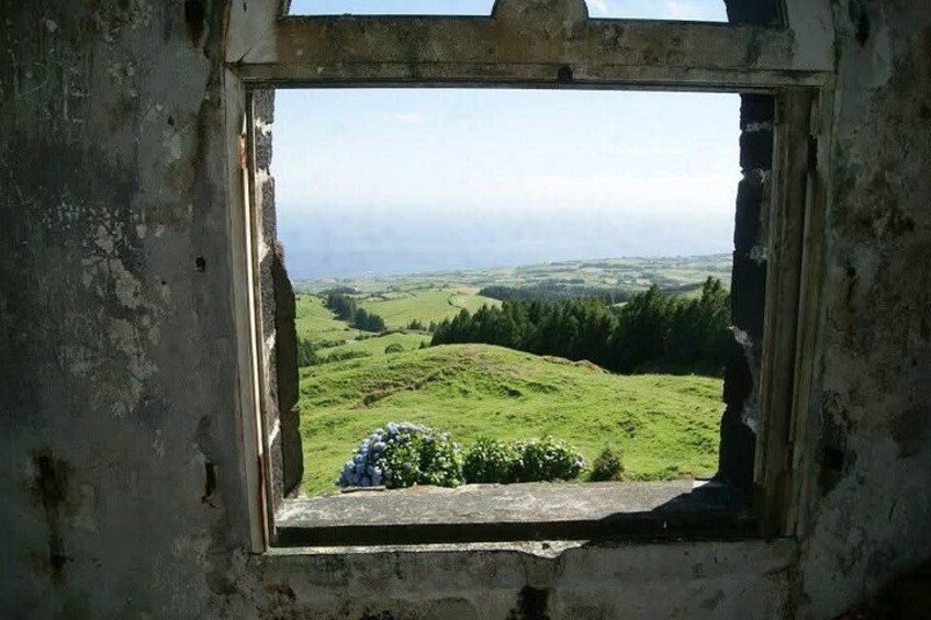 A window with a view of a green landscape and a cloudy sky. 5