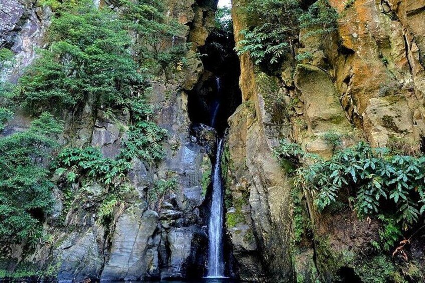 A waterfall cascading down a rocky cliff surrounded by lush greenery. 4