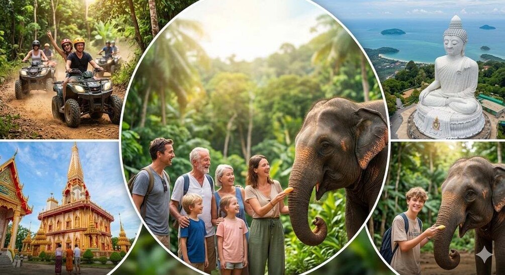 A family on a dirt path, a white Buddha statue, an elephant, and a temple. 1