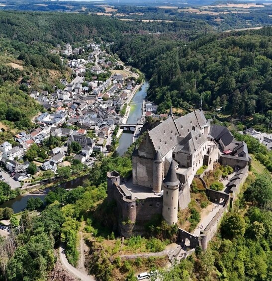 A medieval castle surrounded by a town, a river, and forested hills. 5