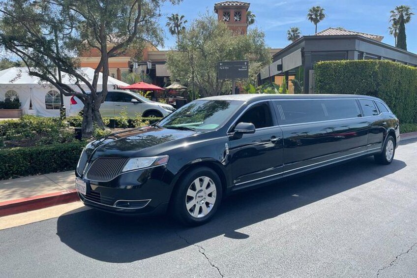 A black limousine parked on a street with a building and palm trees in the background. 2