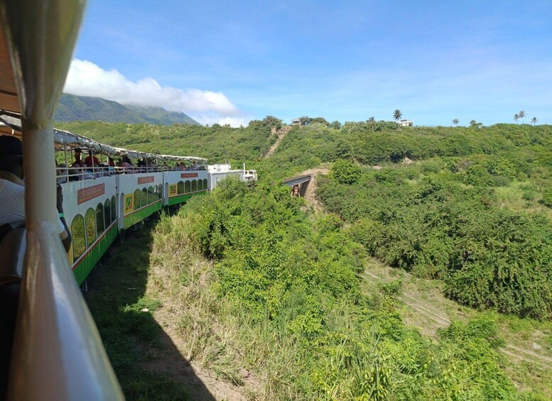 A train traveling through a lush, hilly landscape with dense vegetation and a few buildings in the distance. 1