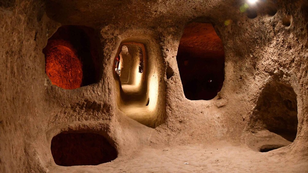 A cave with multiple openings and a central passage. 3
