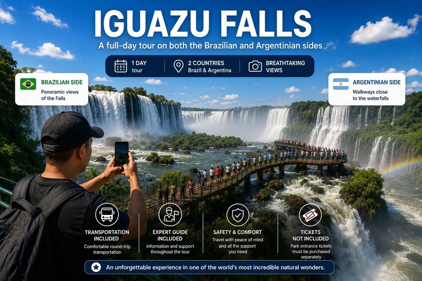 Iguazu Falls with panoramic views, a 1-day tour, expert guide, transportation included, and ticket purchase info. 1