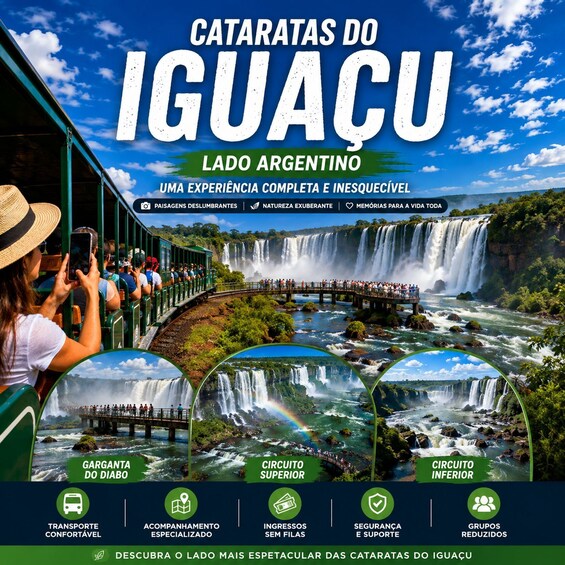 A travel poster for Cataratas do Iguacu with a view of the waterfalls and a boat tour. 1