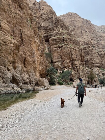 A rocky canyon with a riverbed and hikers walking. 1