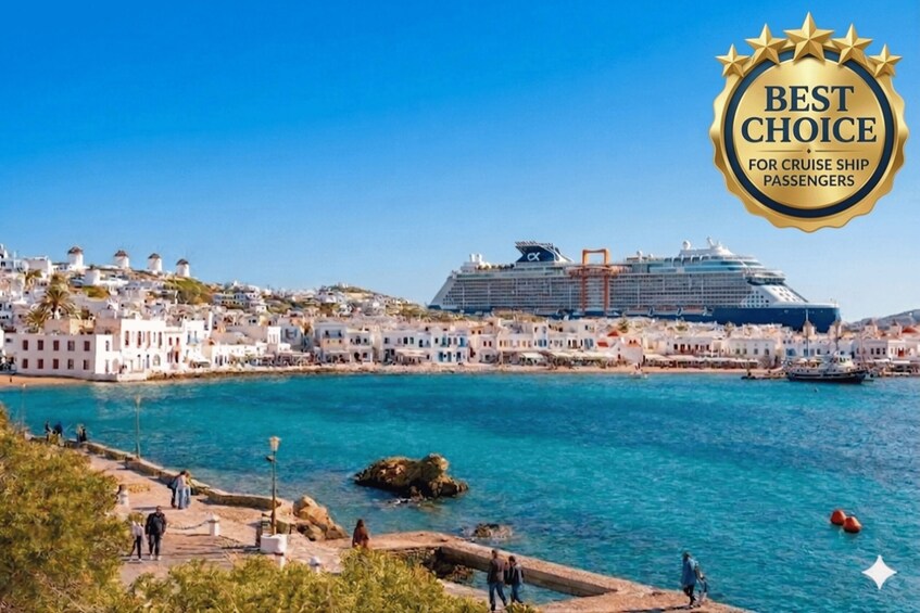 A cruise ship docked at a port with a coastal town in the background. 1