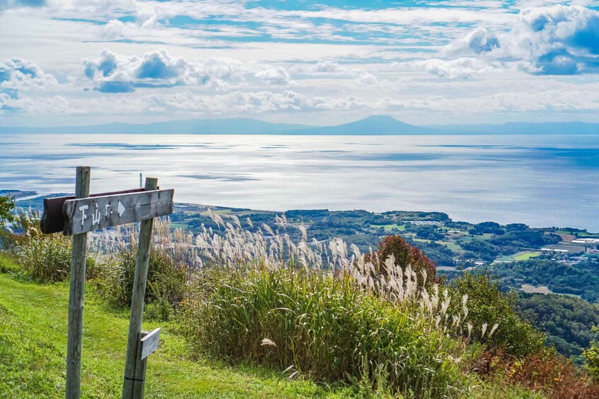 A wooden signpost with directional arrows, a grassy hill, and a distant view of a lake and mountains. 2