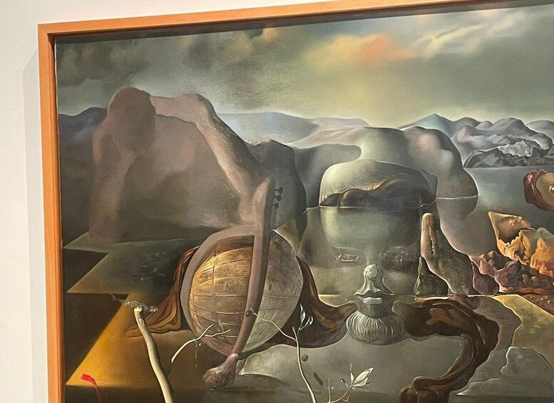 A surreal landscape with mountains, a large spherical structure, and a spaceship. 1