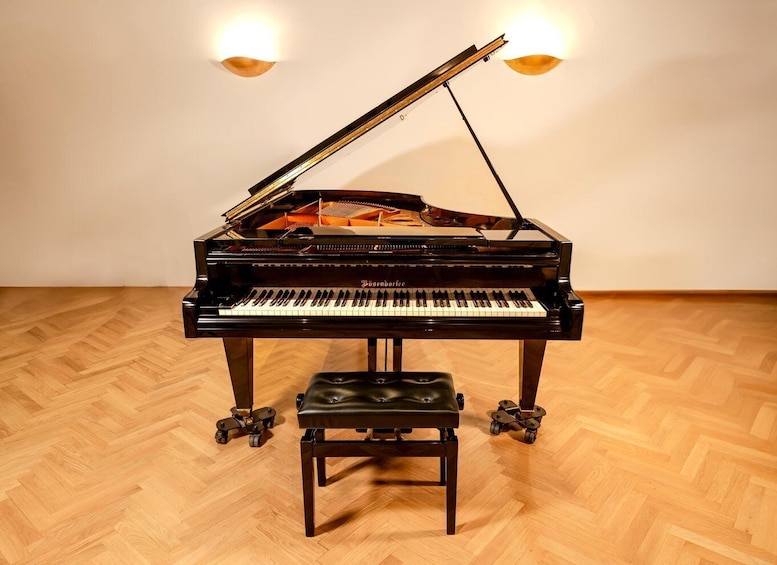 A grand piano with a bench in a room with wooden flooring and two wall-mounted lamps. 4