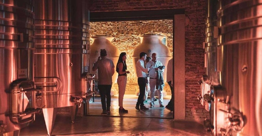 A group of people in a dimly lit room with large copper tanks and a brick wall. 1