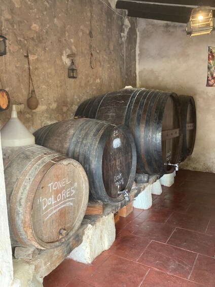 Wooden wine barrels in a cellar with a rustic wall and tiled floor. 2