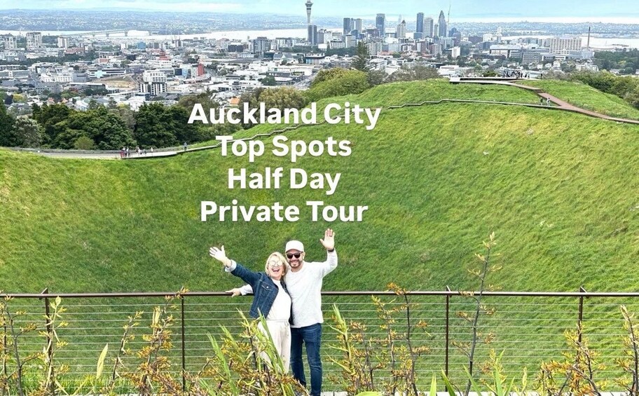 A cityscape with a hill and a private tour advertisement. 1