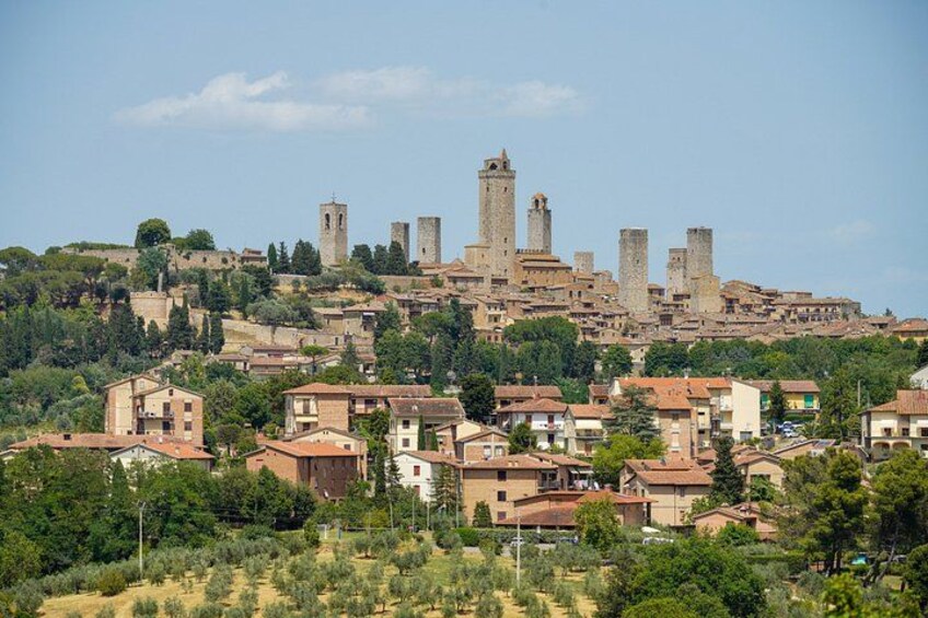 Una città storica con torri medievali e un castello su una collina. 1