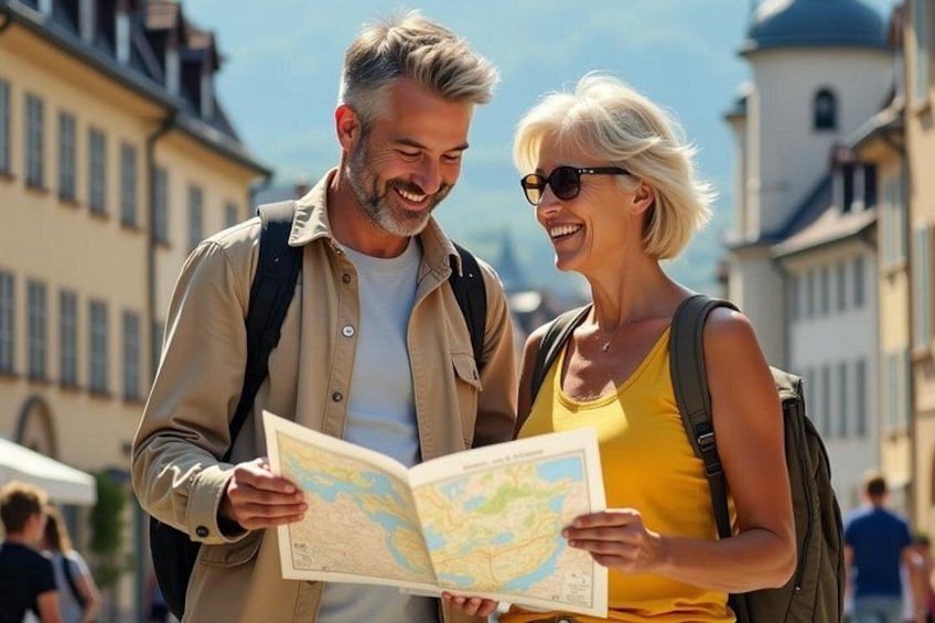 Due persone osservano una mappa in un contesto urbano caratterizzato da architettura storica. 5