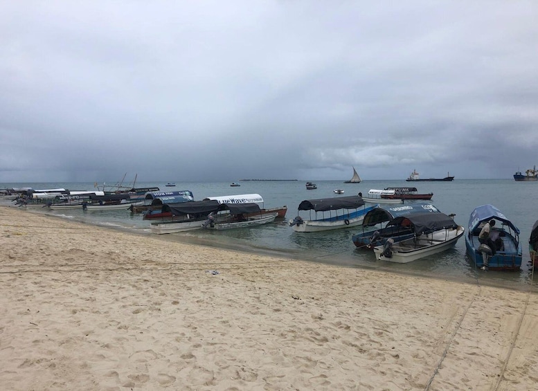 A beach with several boats docked along the shore. 5