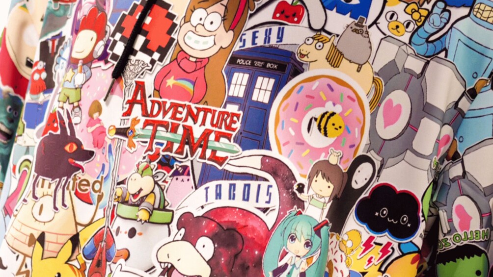 A collage of various cartoon characters and logos, including 'Adventure Time' and 'TARDIS'. 2