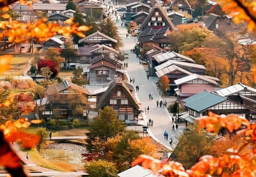 A traditional Japanese village with wooden houses and a central pedestrian path. 4