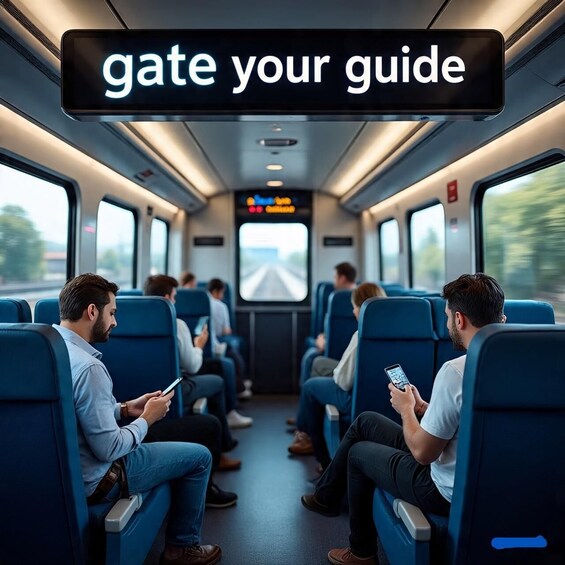 A train interior with passengers seated, a digital display overhead, and a window showing a passing landscape. 2