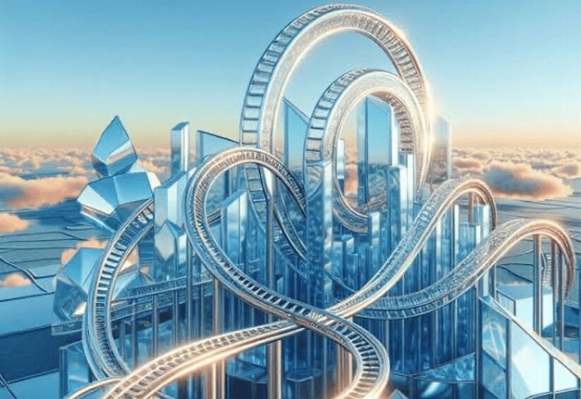 A futuristic cityscape with towering skyscrapers and a complex network of elevated pathways. 3