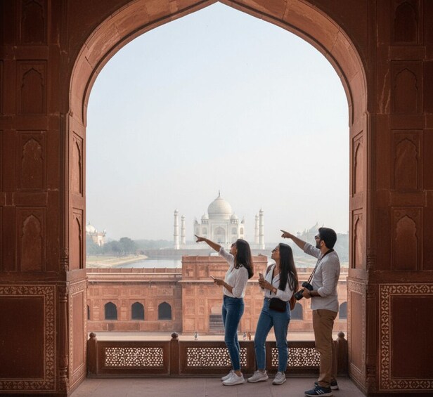 A group of people standing in an archway overlooking the Taj Mahal. 1
