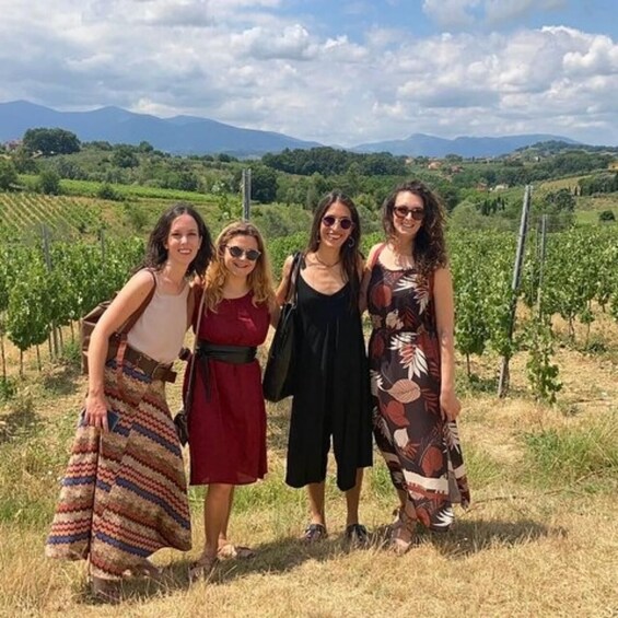 Four people standing in a vineyard with rows of grapevines and a mountainous landscape in the background. 1