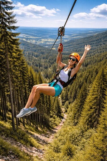 A person zip-lining over a forested mountain landscape. 5