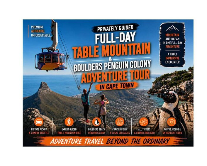 Matkailumainos, jossa mainostetaan retkeä Kapkaupungissa sijaitsevalle vuorelle ja pingviinikoloniaan. Mainoksessa esiintyvät köysirata, Table Mountain -vuori ja pingviinikolonia. 1
