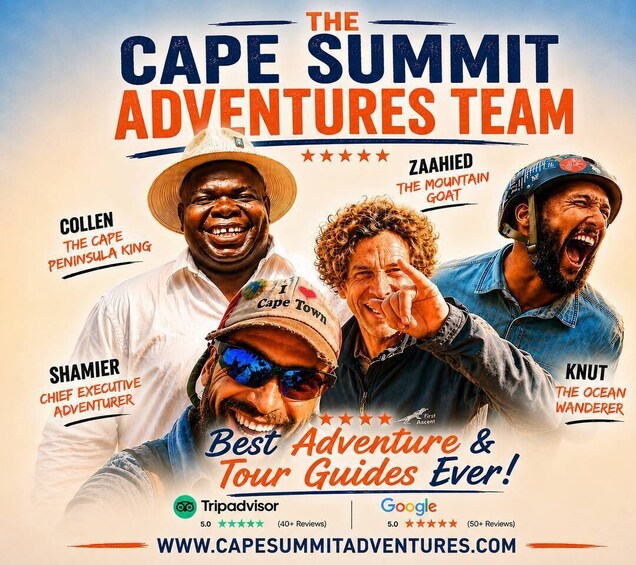 Cape Summit Adventures -tiimin mainosjuliste, jossa on kuvattuna neljä tiimin jäsentä ja heidän tehtävänsä. 3