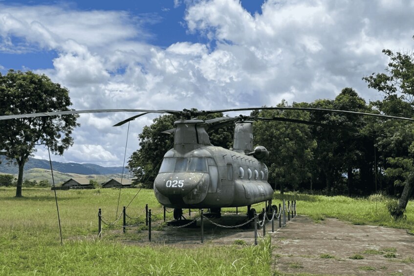 A military helicopter with the number 025 parked in a grassy field, surrounded by trees and a clear sky. 3