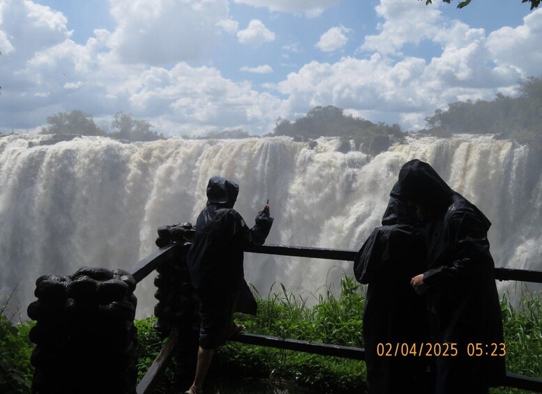 A waterfall with two people observing it. 3