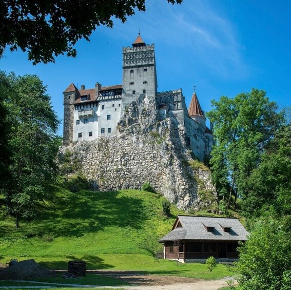 A castle on a hill with a small wooden building in the foreground. 5