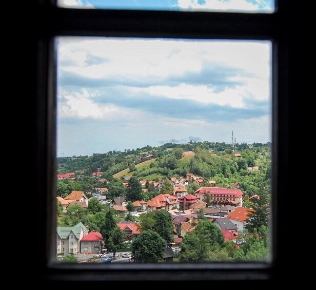 A town with red-roofed buildings and green hills. 4