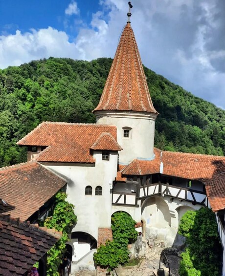 A historic building with a conical roof, surrounded by lush greenery and a mountainous backdrop. 3